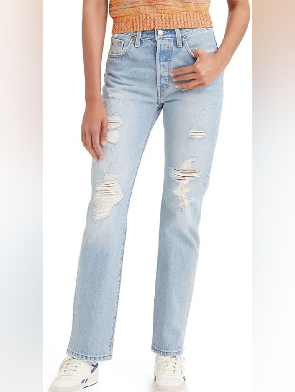 Levi's 501 Light Blue Distressed Straight Leg Jeans ankle